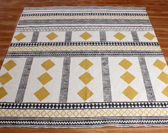 Square Yellow Cotton Rug Handwoven Cotton Rug Home Décor Floor Kilim Outdoor Garden Beach Mat Kitchen Dining Room Carpet 5x5 6x6 7x7 feet