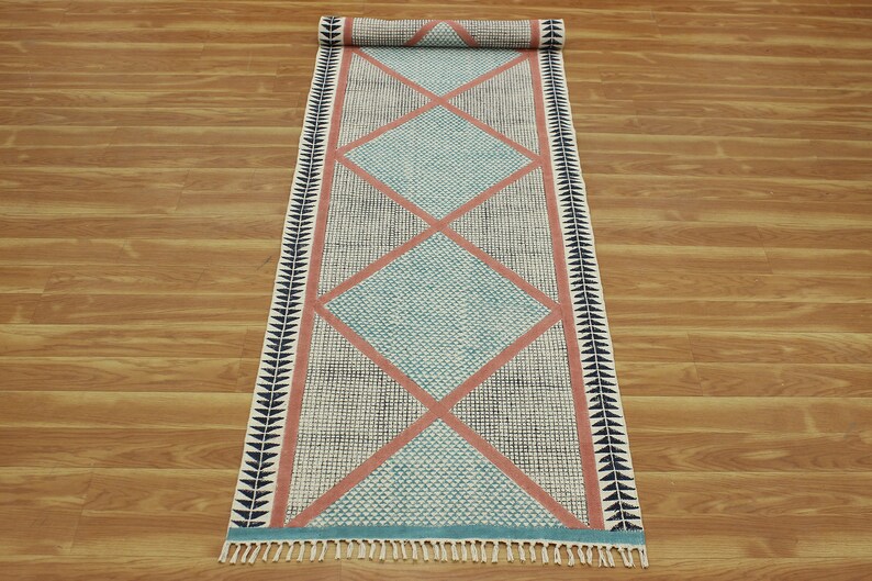 Multicolor rug Cotton area rug Indian Handmade block printed rug Bohemian style rug Hallway rug Custom Size Rug 4x6 6x6 2.6x10 Feet