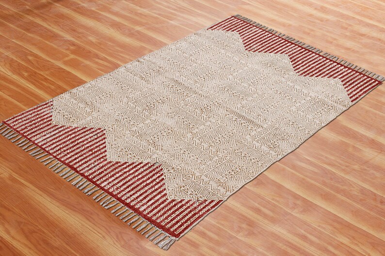 Red Cotton Rug Block Printed Rug Indian Dhurrie Rug Flatweave Rug Hand