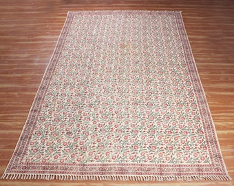 kitchen dining room floor rug Indian hand block printed cotton dhurrie Outdoor geometric garden beach rug kilim carpet 4x6 6x9 5x8 feet rug