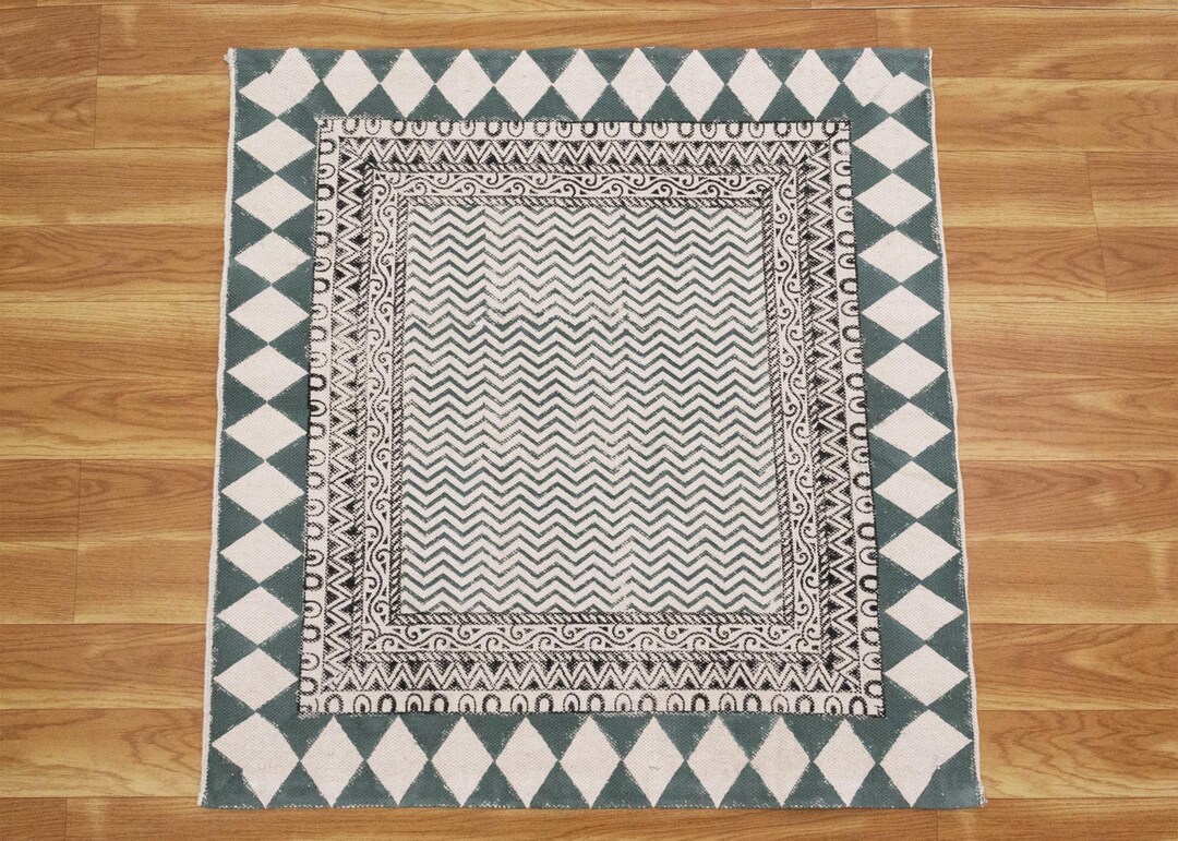 Hand Block Printed Cotton Area Rug: Blue Black Geometric Pattern - Etsy