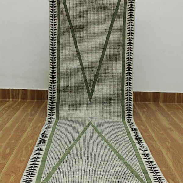 Handmade green hallway stair cotton runner durries block printed rug Custom living room area carpet  2.6x8 3x10 4x20 ft