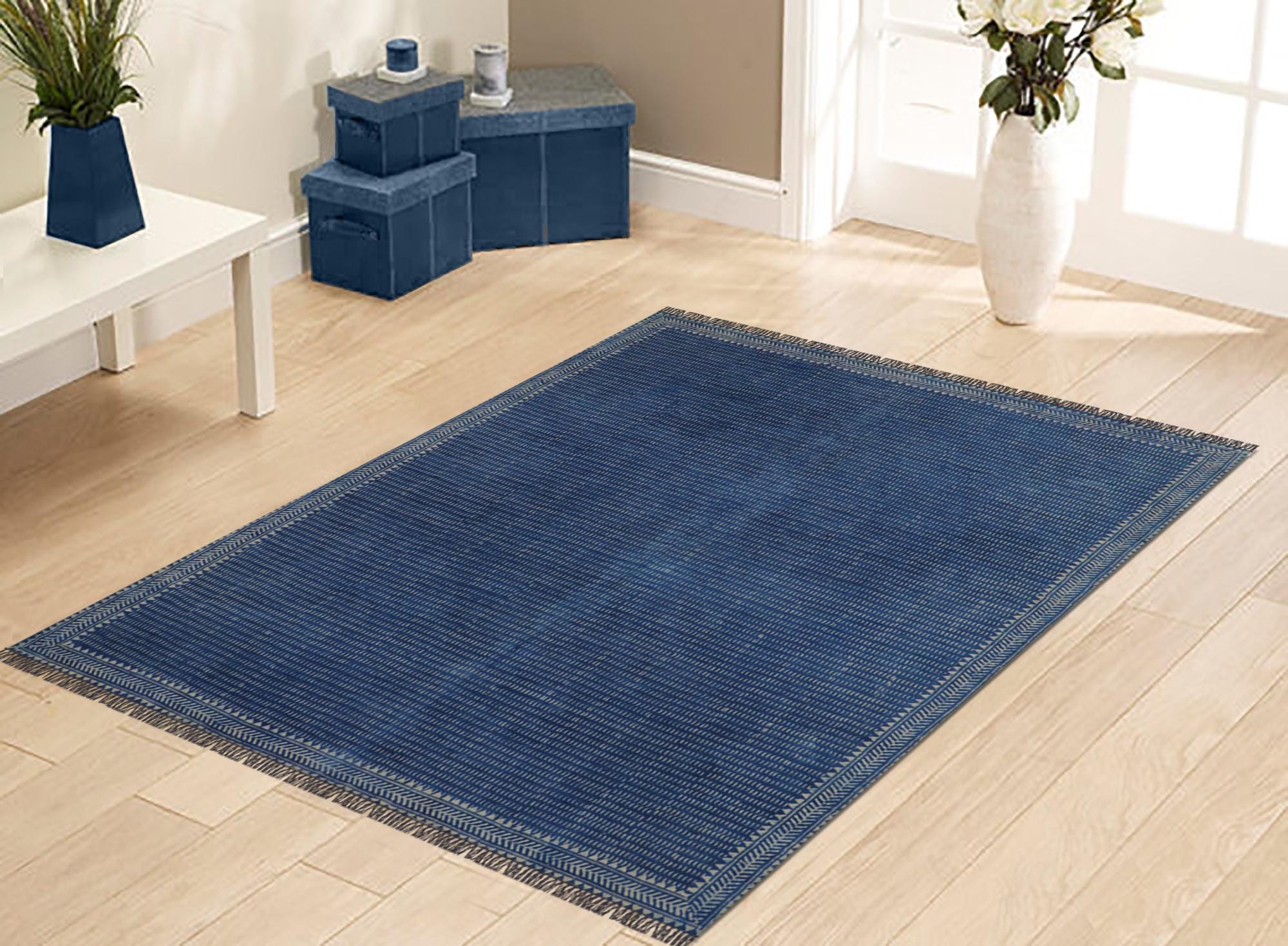 Dabu Rug Indian Handmade Stair Rug Dabu Printed Area Rug Indigo Blue Cotton Rug ...