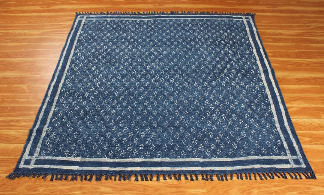 Indigo Blue Rug Square Cotton Rug Handmade Area Rug Custom Etsy