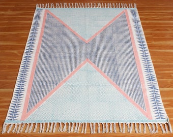 5x8 feet Indian hand block printed area rug Kitchen dining room rug Living room kilim carpet Outdoor garden yoga rug Bohemian woven durries