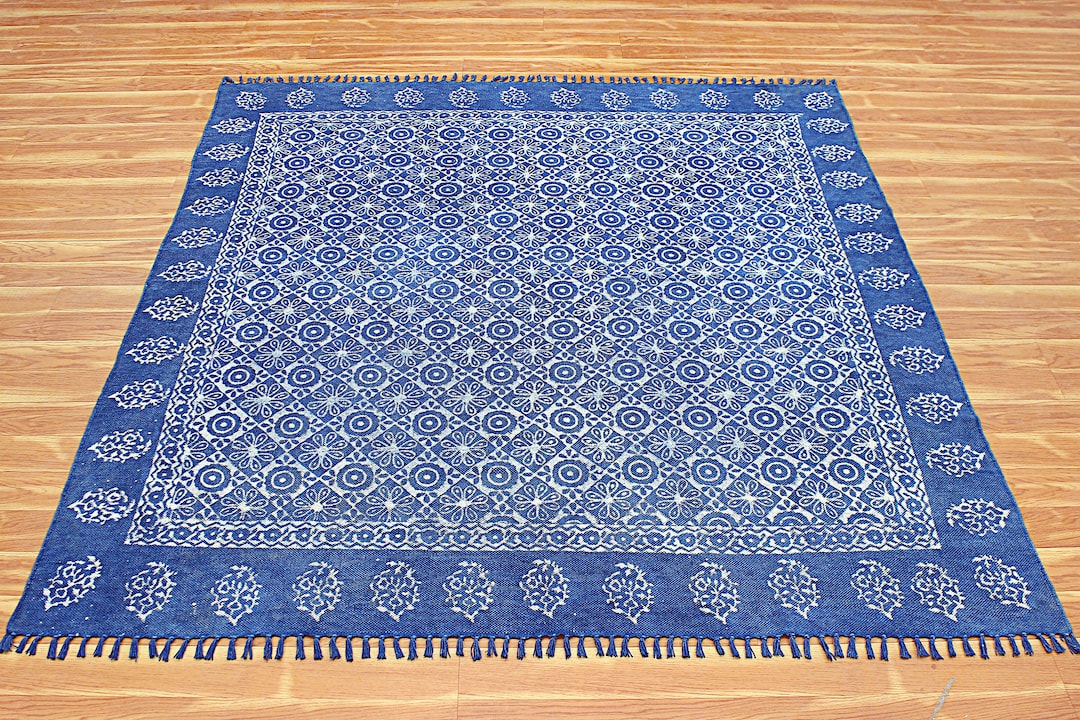 Blue Handmade Square Cotton Area Rug Custom Living Room Bedroom Home Decor Kitchen Dining Room