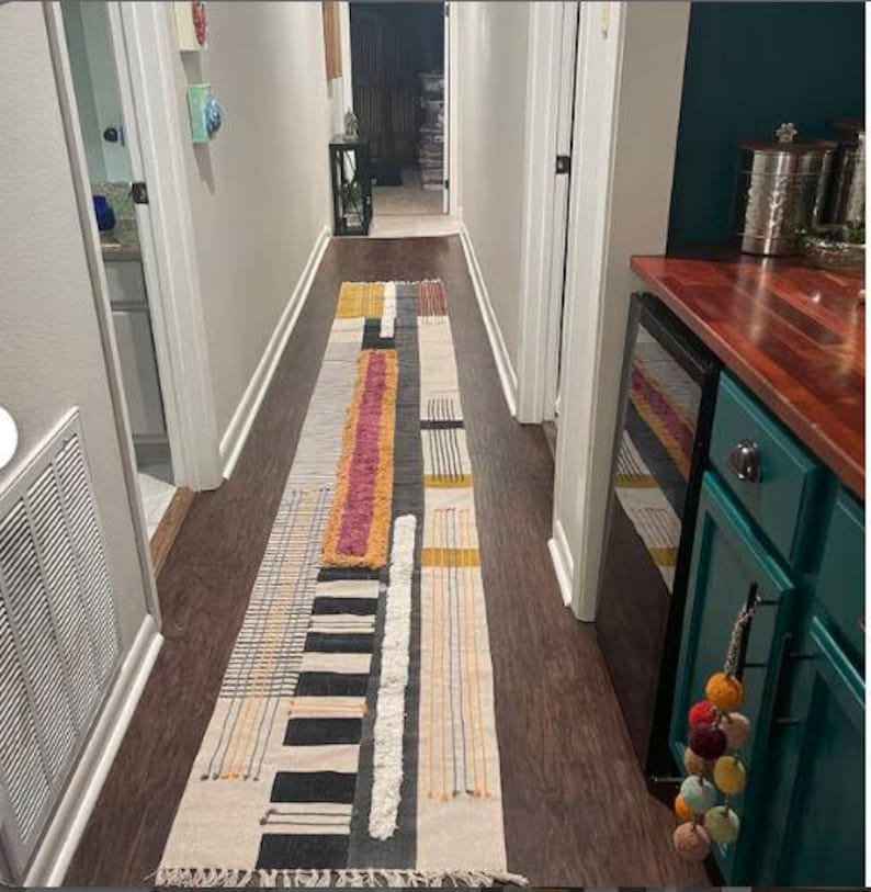 Grey Yellow Handwoven Coton Rug, Hallway Runner, Christmas Gift Rug, Hand Block Printed Cotton Runner Rug 2.6x8 3x20 2.6x24 Feet