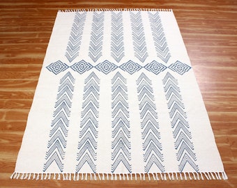 Indian cotton area rug White multicolor rug Hand block print rug Outdoor patio rug Handmade kitchen rug 4x6, 5x8, 8x10, 10x14 feet