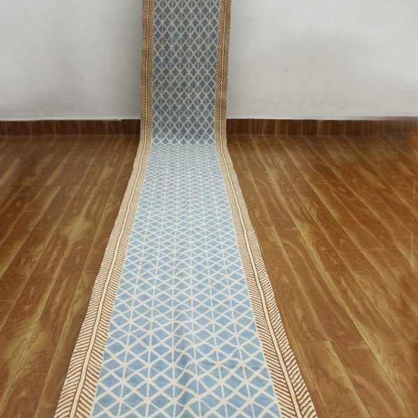 Azul beige hecho a mano alfombra pasillo escalera algodón corredor Dhurrie mano bloque impresión alfombra personalizada sala de estar alfo