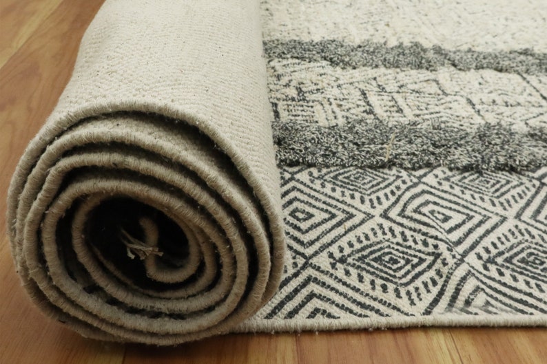 Extra Large Beige Geometric Cotton Area Rug Hand Block Print Rug Floor