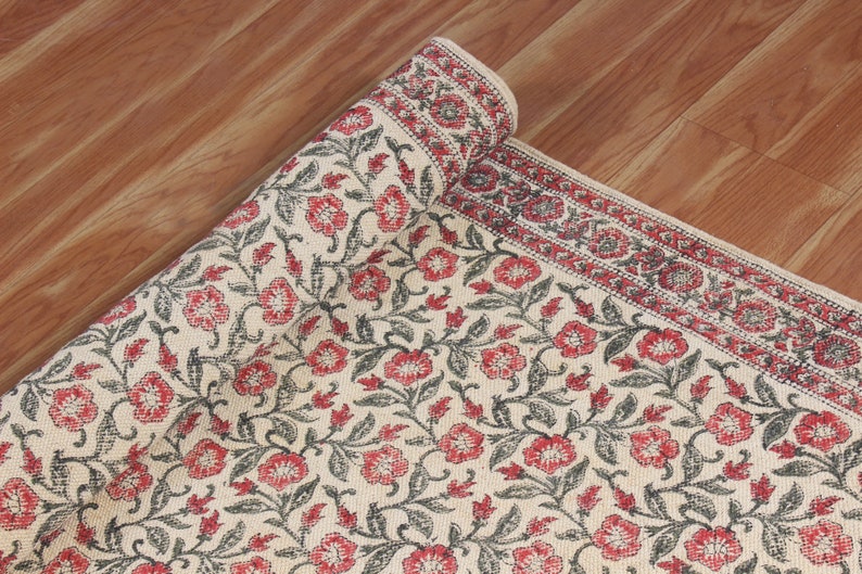 Kitchen Dining Room Floor Rug Indian Hand Block Printed Cotton Dhurrie ...