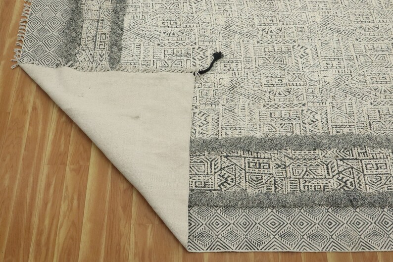 Extra Large Beige Geometric Cotton Area Rug Hand Block Print Rug Floor