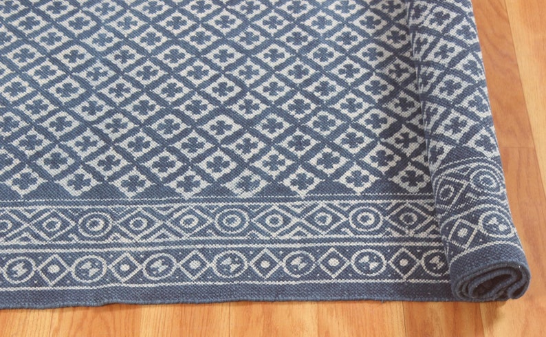 Indigo Blue Cotton Dhurrie Rug: Dabu Block Print, Hand Washable - Etsy