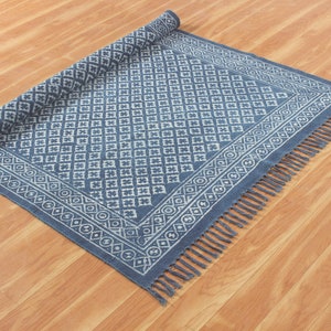 Blue dabu print cotton area carpet Washable large boho rug Handmade hallway stair runner kilim Customized fathers day gift 4x6 8x10 9x12 ft