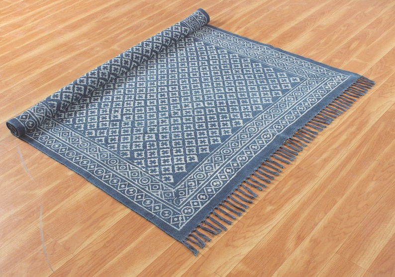 Blue dabu print cotton area carpet Washable large boho rug Handmade hallway stair runner kilim Customized fathers day gift 4x6 8x10 9x12 ft