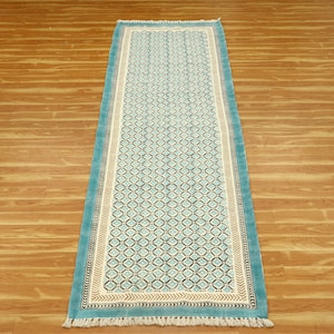 Cotton handmade green beige rug Geomatric pattern runner rug Bedside runner rug 2.6x8 2x6 4x10 Feet runner