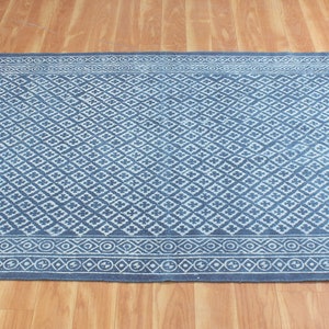 Blue dabu print cotton area carpet Washable large boho rug Handmade hallway stair runner kilim Customized fathers day gift 4x6 8x10 9x12 ft
