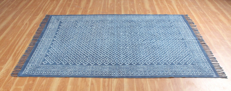 Blue dabu print cotton area carpet Washable large boho rug Handmade hallway stair runner kilim Customized fathers day gift 4x6 8x10 9x12 ft