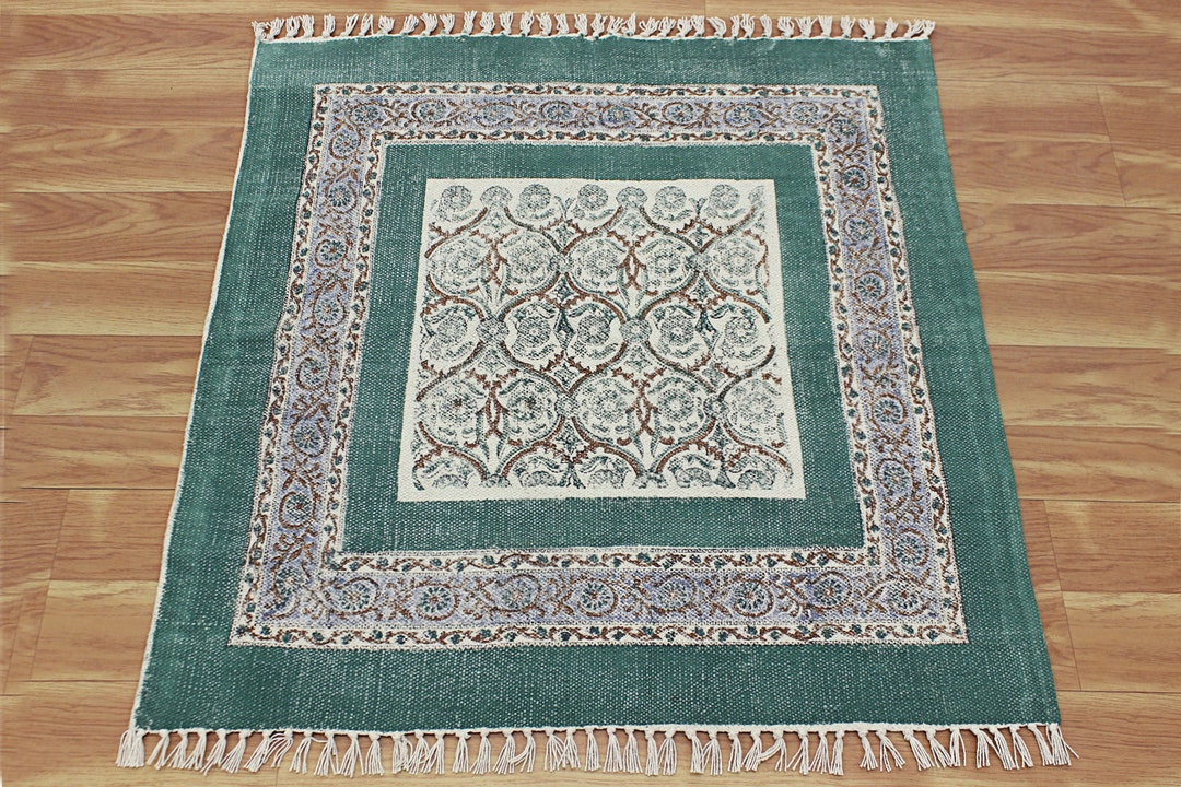 Green Cotton Rug Oriental Square Rug Living Room Kilim Indian Etsy