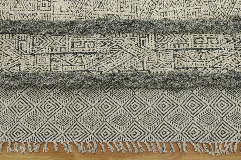 Extra Large Beige Geometric Cotton Area Rug Hand Block Print Rug Floor