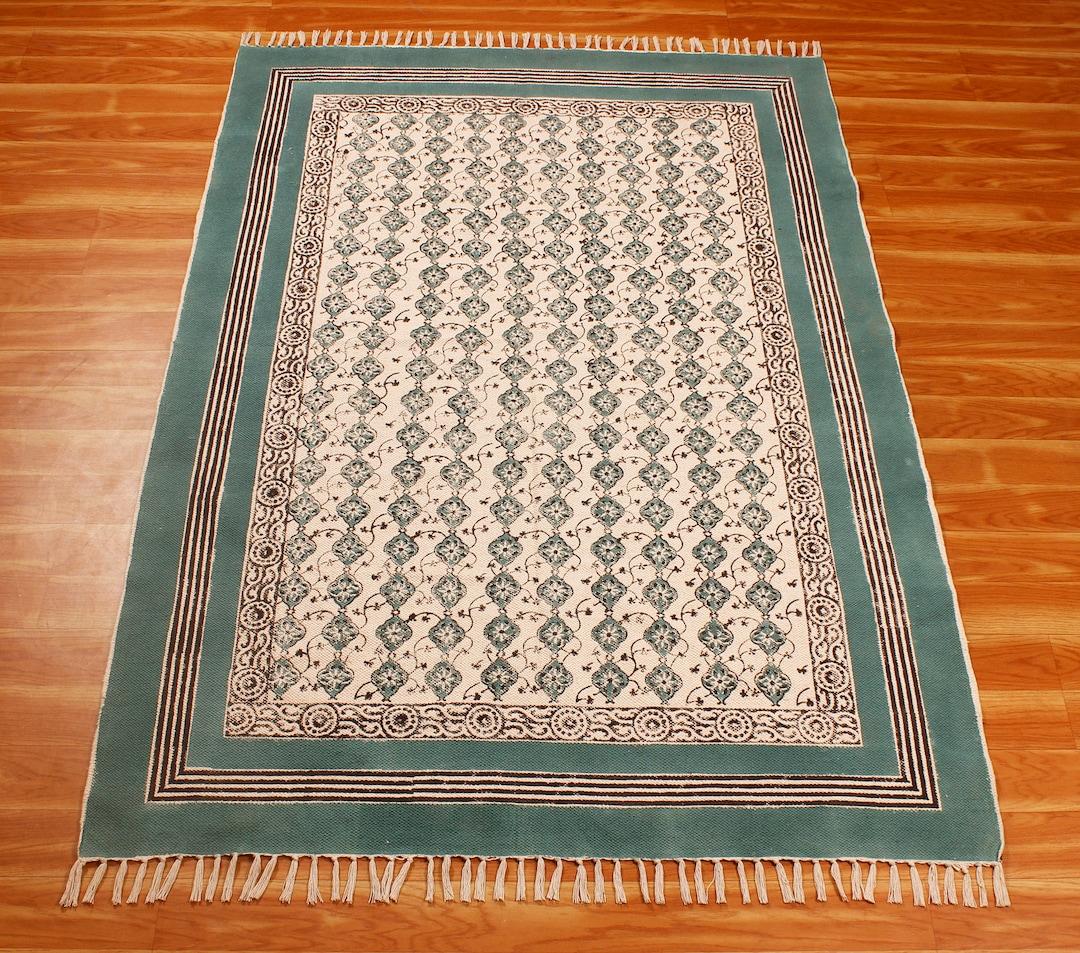 Indian Rug Horizontal Hand Block Print Cotton Rug, Teal Border Floral, Bohemian Area Rug - Etsy