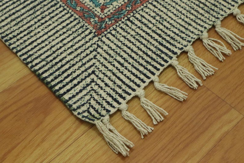 Black Block Printed Rug Floral Cotton Dhurrie Hallway Stair Runner Rug