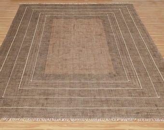 Hand Woven Brown Cotton Dhurrie Rug with Tassels, Bohemian Style Area Rug