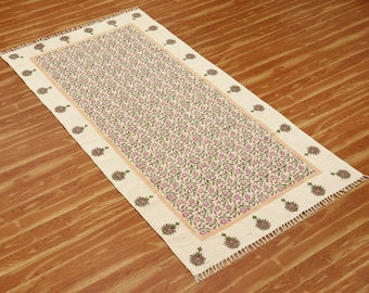 Beige Pink Floral Rug Handmade Living Room Rug Cotton Area Rug Custom Floral Hallway Runner Kilim Home Decor 6x9 9x9 6x15 2.6x30 feet