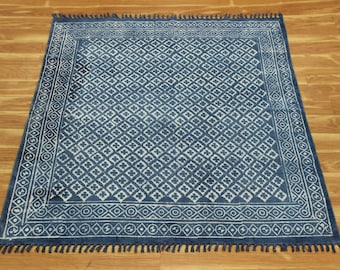 Indian Hand Woven Square Rug Indigo Blue Cotton Carpet Kitchen Living Room Rug Outdoor Garden Yoga Durrie Geometric Kilim 5x5 7x7 9x9 Feet