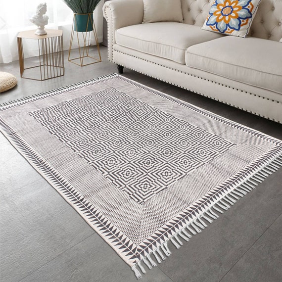 Hand Woven Cotton Durries Living Room Rugs Kitchen Rug Blue Kilim