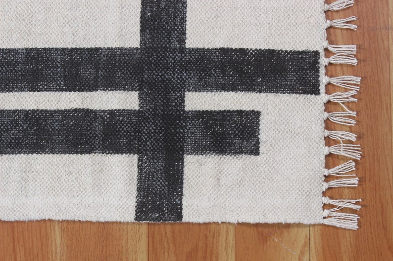 Black Stair Runner Rug Block Printed Rug Large Cotton Rug Living Room