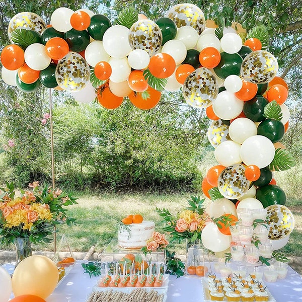 139pcs Green Orange White and Golden Confetti Latex Balloon Set with Tropical Leaves for Baby Shower Birthday Party Decorations