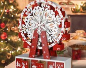 Wooden Advent Calendar Ferris Wheel with Base,White Snowflake Countdown to Christmas with Red 24 Storage Drawers Christmas Advent Decoration