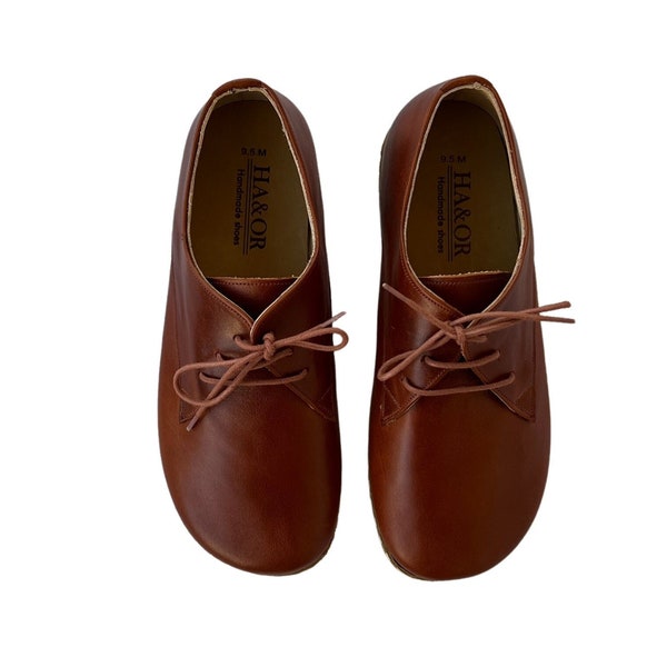 Chaussures pieds nus à bout large pour hommes bruns antiques, chaussures plus larges pour hommes en cuir naturel