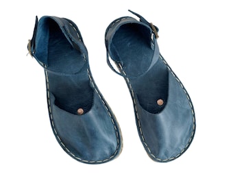 Aardingssandalen met koperen klinknagel, blote voeten sandalen voor dames, minimalistische schoenen, leren zool, hemelsblauw
