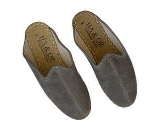 Mens Gray Leather Mule, Winter Slippers