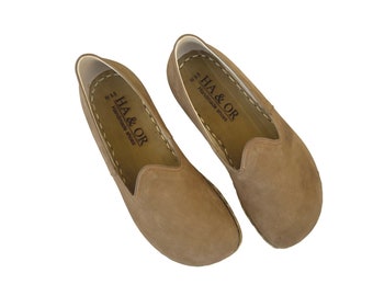 Chaussures pieds nus à bout large de couleur Beige pour hommes, chaussures plus larges en cuir naturel pour hommes