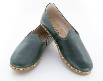 Mens Dark Green Color Leather Handmade Slip On, Men Turkish Shoes, Handmade Flat Shoe, Loafer