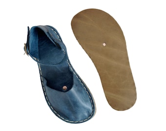 Aarding Dames Sandalen | Koperen klinknagels | Sandalen op blote voeten voor dames | Minimalistische schoenen | Hemelsblauw