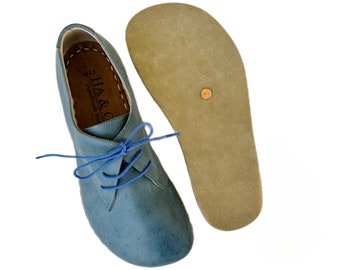 Zapatos De Conexión A Tierra Para Hombre, Zapatos Descalzos Para Hombre, Zapato De Conexión A Tierra Cobre, Suela De Cuero, Azul Cielo.