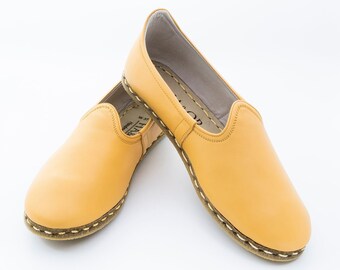 Womens Orange Color Leather Slip On, Turkish Yemeni Shoes, Handmade Flat Shoe, Loafers Women