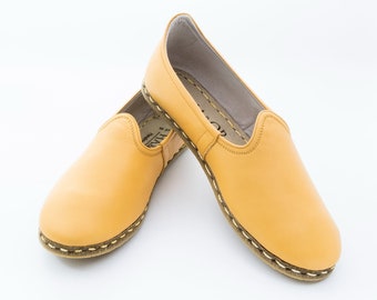 Mens Orange Color Leather Slip On, Turkish Yemeni Shoes, Handmade Flat Shoe, Loafers Men