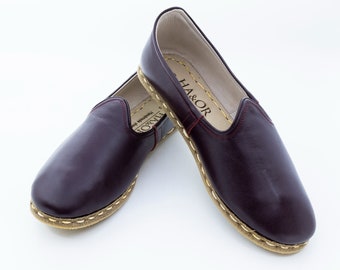 Womens Burgundy  Color Leather Handmade Slip On, Turkish Yemeni Shoes, Handmade Flat Shoe, Loafer, Mothers Gift Day