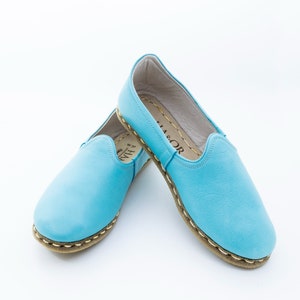 Womens Turquoise Color Leather Handmade Slip On, Turkish Yemeni Shoes, Handmade Flat Shoe, Loafer, Mother Gift Day