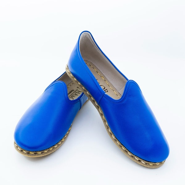 Mens Blue Handmade Leather Loafers, Men Moccasins, Turkish Yemeni  Shoes, Summer Shoes, Flat Shoes