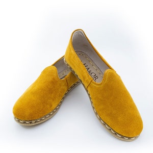 Mens Dark Yellow Color Suede Leather Handmade Slip On, Men Turkish Yemeni Shoes, Handmade Flat Shoe, Loafer