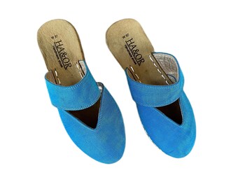 Blue Color Linen Slippers Women Vegan, Size UK4 EU37