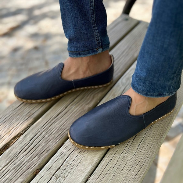 Mens Blue Dark Loafers Slip Ons Shoes, Men Yemeni Shoes, Flat Slip Ons, moccains, Loafers, Gift for him