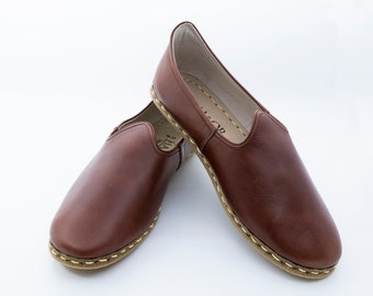 Mens Dark Tan  Color Leather Handmade Slip On, Turkish Yemeni Shoes, Handmade Flat Shoe, Loafers