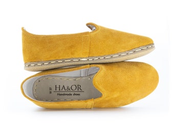 Womens Dark Yellow Color Suede Leather Handmade Slip On, Handmade Flat Shoe, Loafer, Mother Gift Day